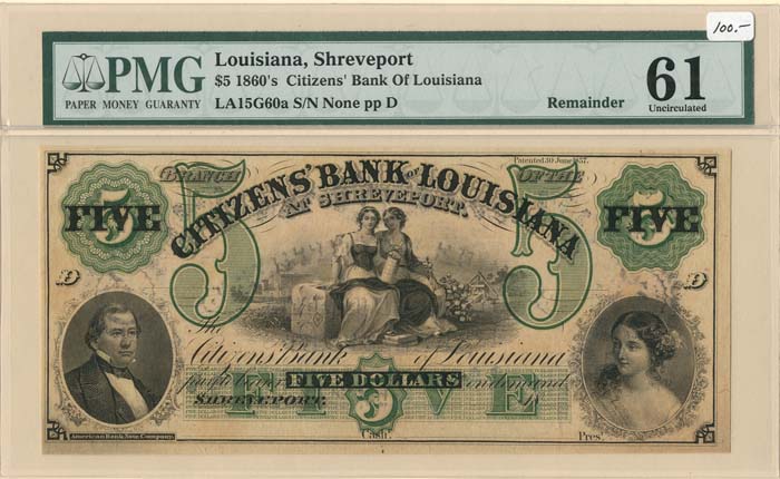 Citizens' Bank of Louisiana - PMG 61 Graded - Obsolete Banknote - Currency